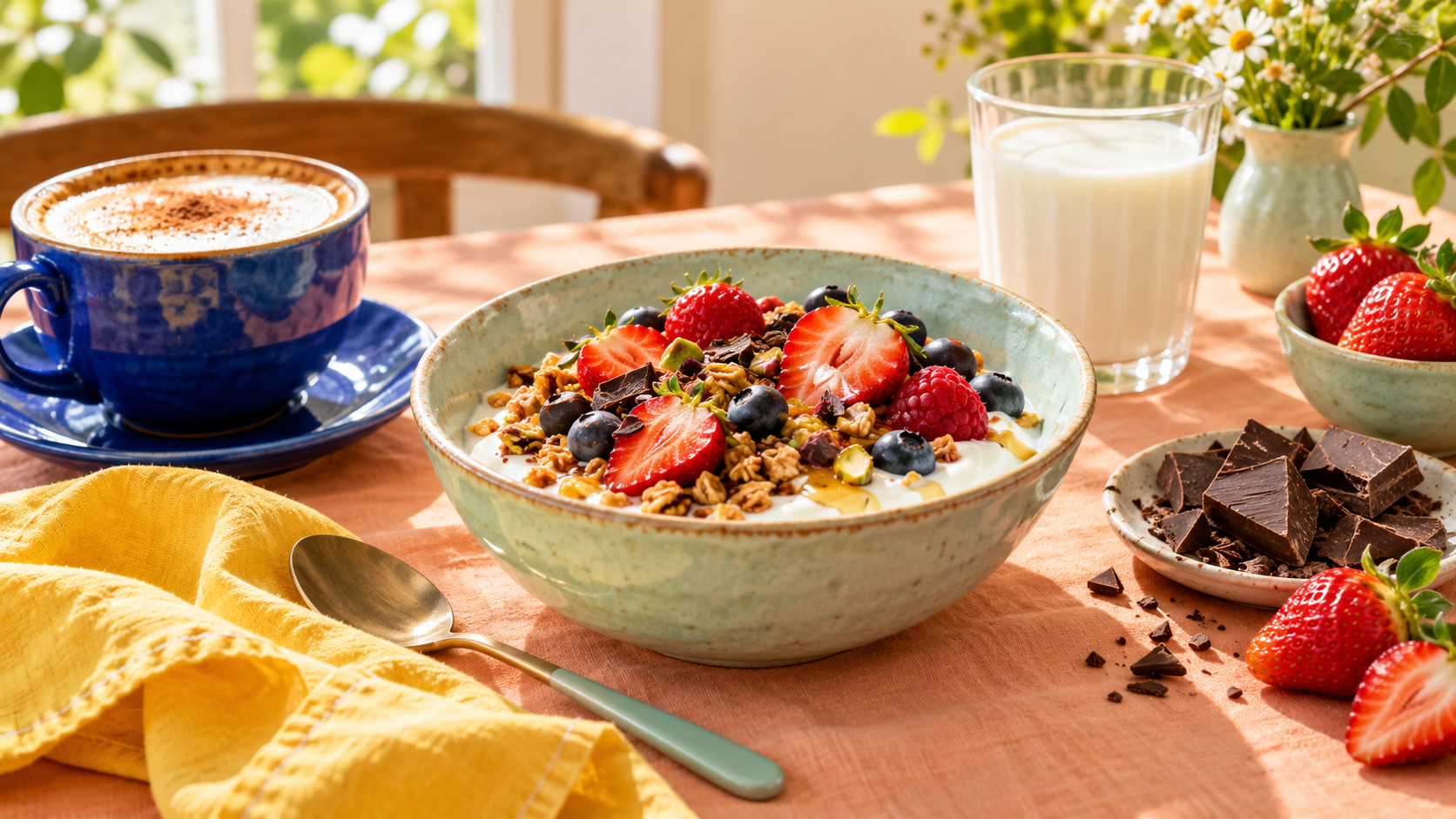 Chocolate and berries on a colourful breakfast table