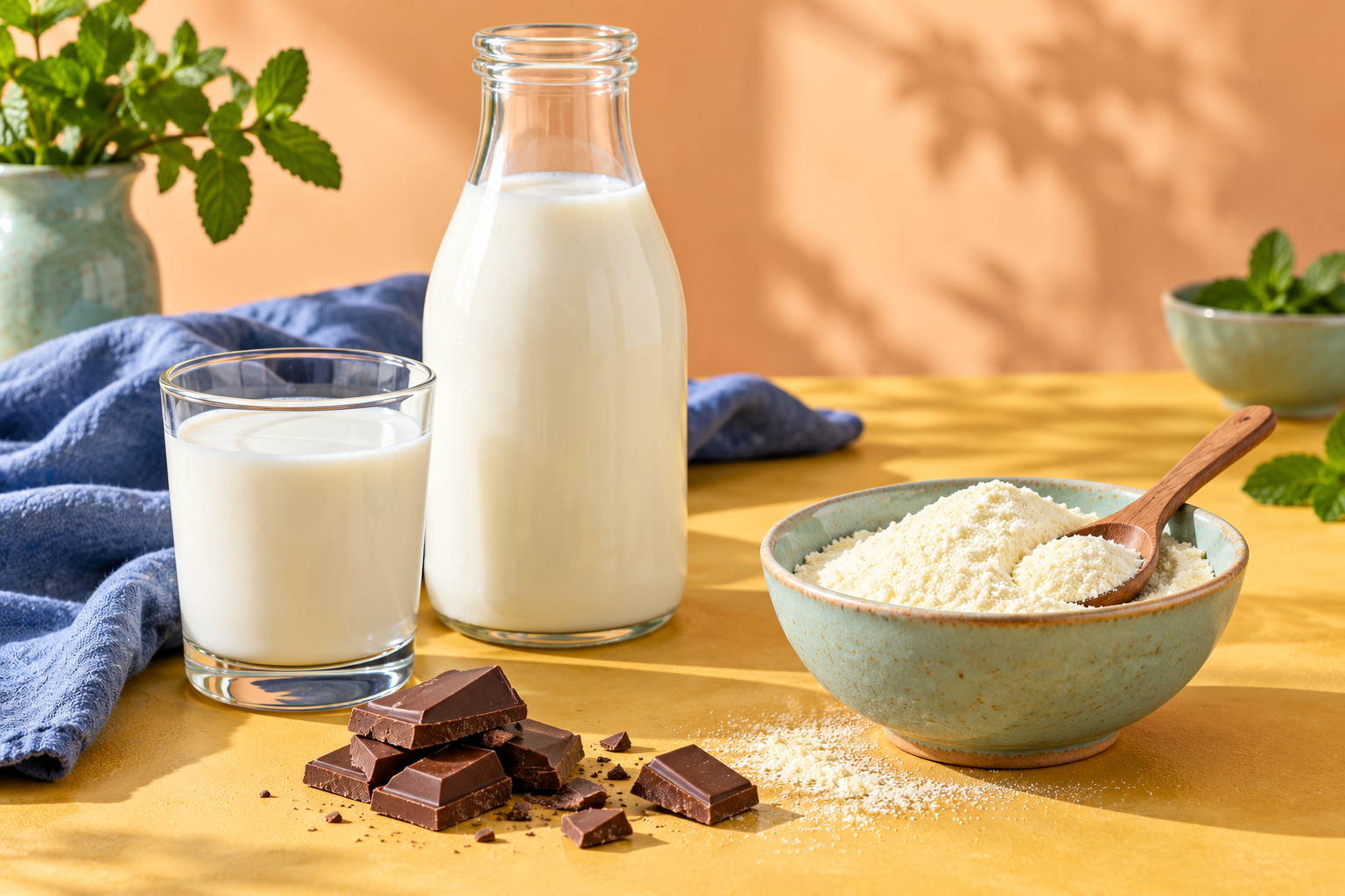 Milk in a glass bottle and tumbler, styled on a sunny table