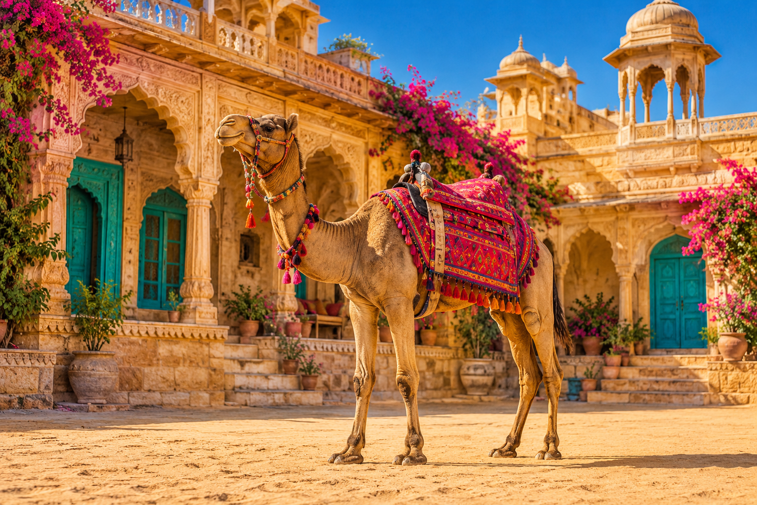 A camel with a colourful woven saddle blanket beside a Rajasthan-inspired sandstone haveli
